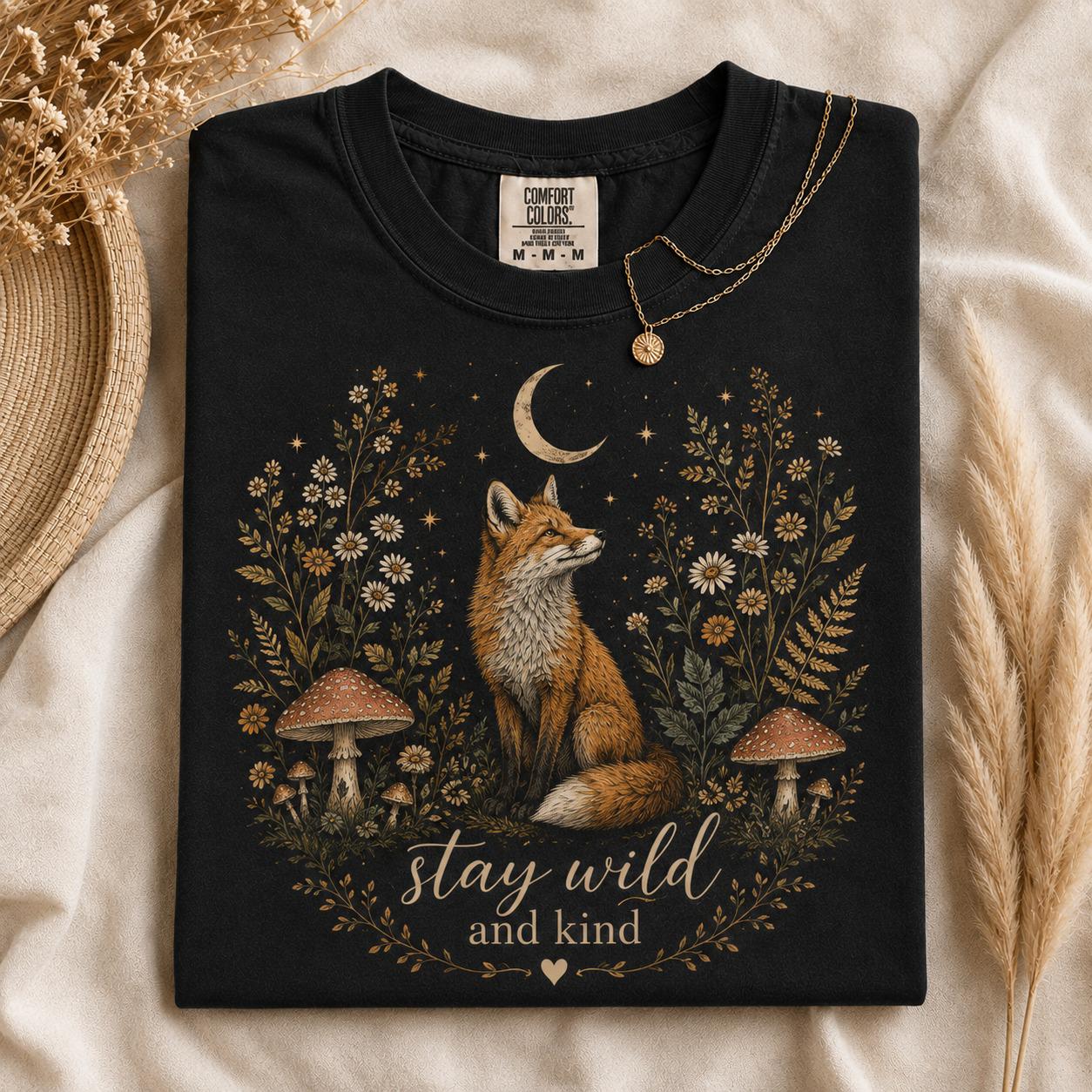 Stay Wild and Kind Vintage Woodland Fox T-Shirt view 1